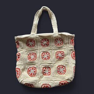 America & Beyond Embellished & Crocheted Zip Top Tote Orange and cream crochet